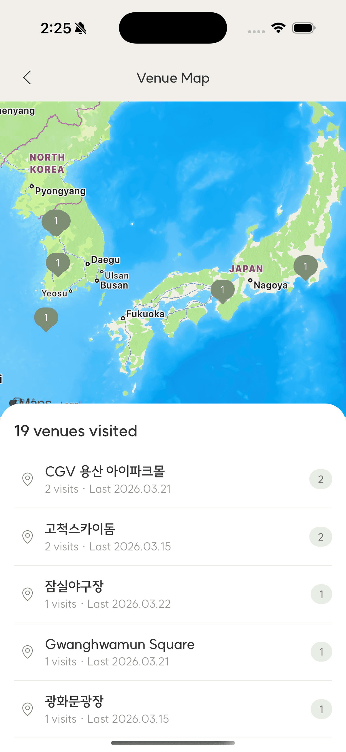 Map view for tracking baseball stadium and ballpark visits in TicketShelf