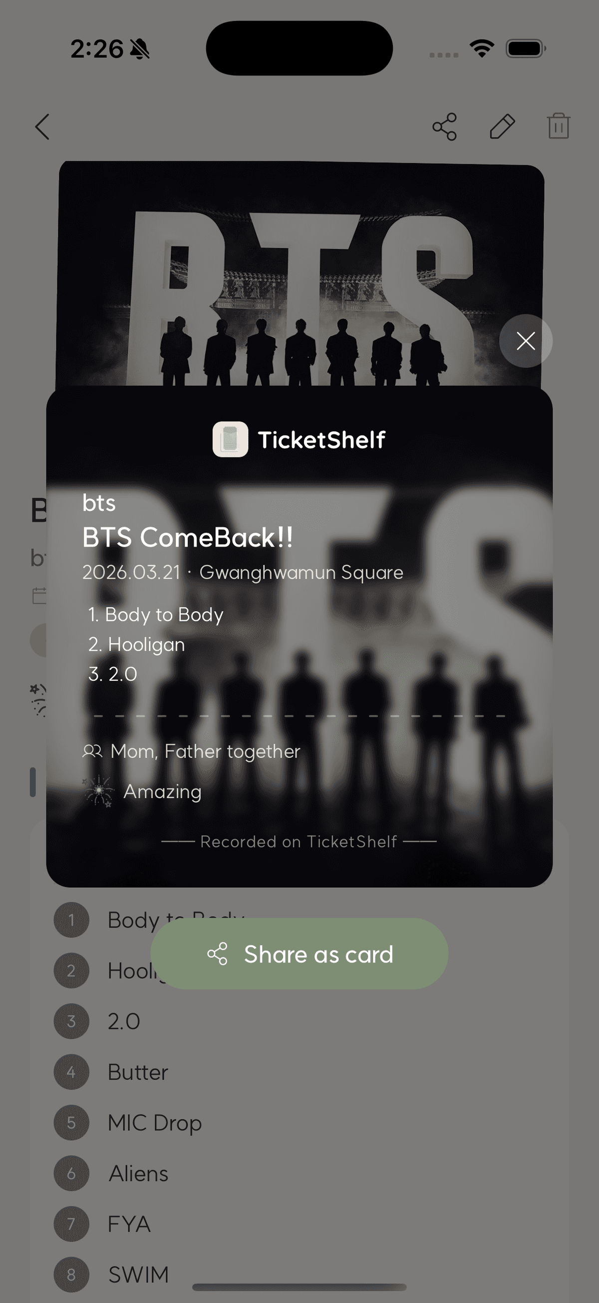 紙の半券ノートにも使えるTicketShelfデジタル思い出カード